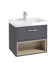 Malmo 60cm Single Drawer - Open Shelf Unit - Midnight Grey - Chrome Handle - Gloss Basin