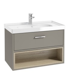 Malmo 80cm Single Drawer - Open Shelf Unit - Khaki - Chrome Handle - Gloss Basin