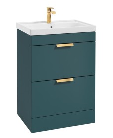 STOCKHOLM Ocean Blue Matt 60cm 2 Drawer Floor Standing Vanity Unit - Brushed Gold Handle