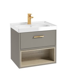 Malmo 60cm Single Drawer - Open Shelf Unit - Khaki - Brushed Gold Handle - Gloss Basin