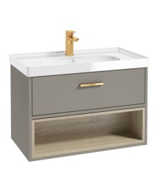 Malmo 80cm Single Drawer - Open Shelf Unit - Khaki - Brushed Gold Handle - Gloss Basin