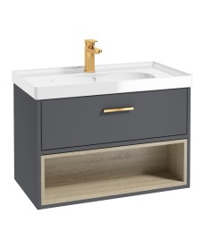 Malmo 80cm Single Drawer - Open Shelf Unit - Midnight Grey - Brushed Gold Handle - Gloss Basin