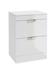 STOCKHOLM 60cm Floor Standing Two Drawer Gloss White Countertop Vanity Unit - Brushed Gold Handle