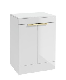 STOCKHOLM 60cm Floor Standing Two Door Gloss White Countertop Vanity Unit - Brushed Gold Handle